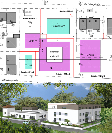 Quartier Söhnlein: Plan und Modell des mittleren Teils Quartier Söhnlein: Plan und Modell des mittleren Teils